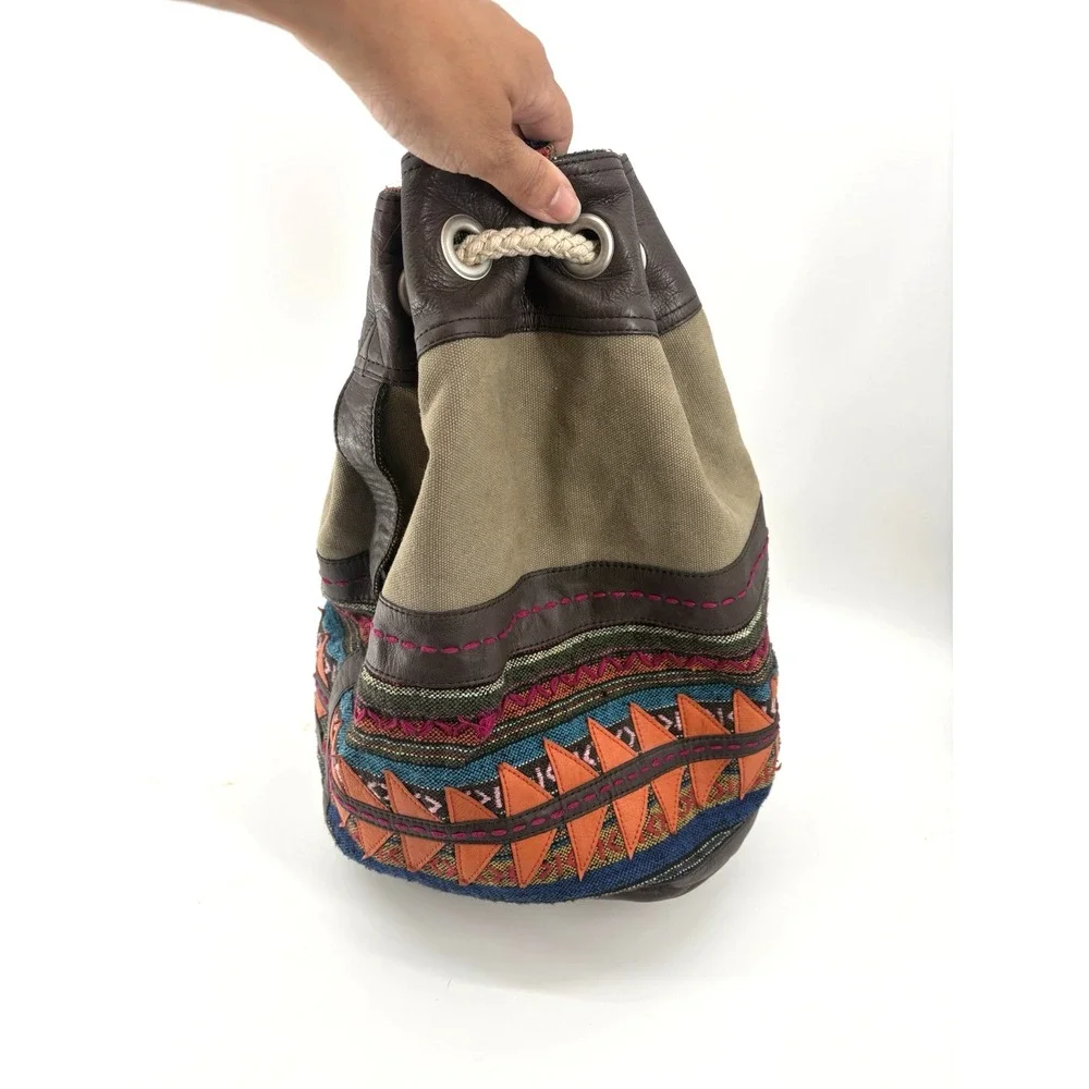 TOMS Canvas Drawstring Pouch Sak Bag Geometric Embroidered Boho Faux Leather